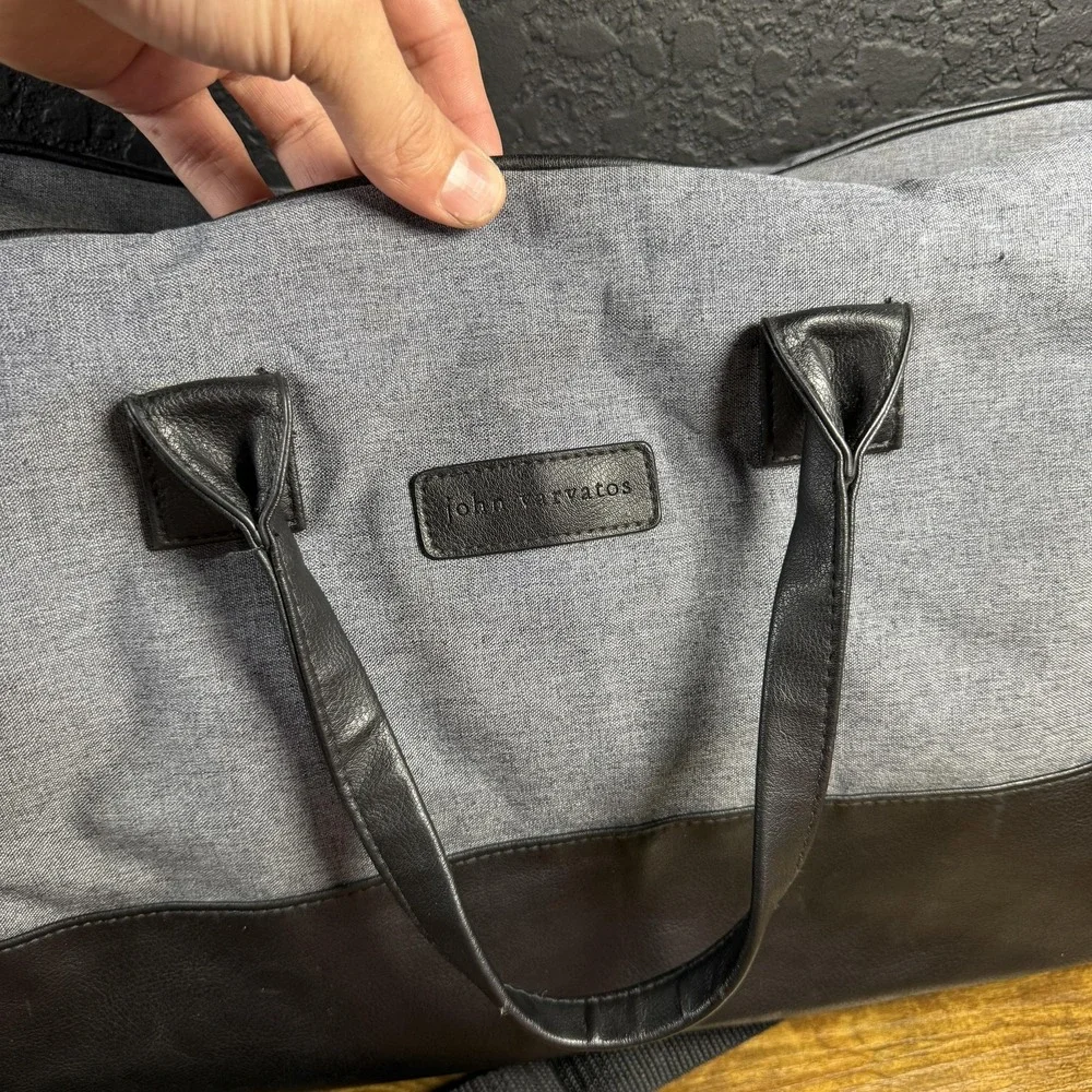 John Varvatos Grey Canvas Black Faux Leather Duffel Bag Travel Weekender Large